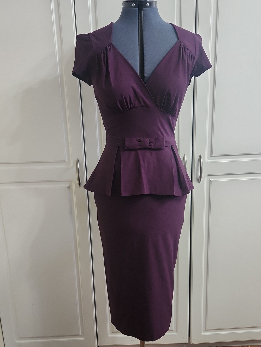 Stop Staring Plum Peplum Sheath Dress with Belt and Sweetheart Neckline XL